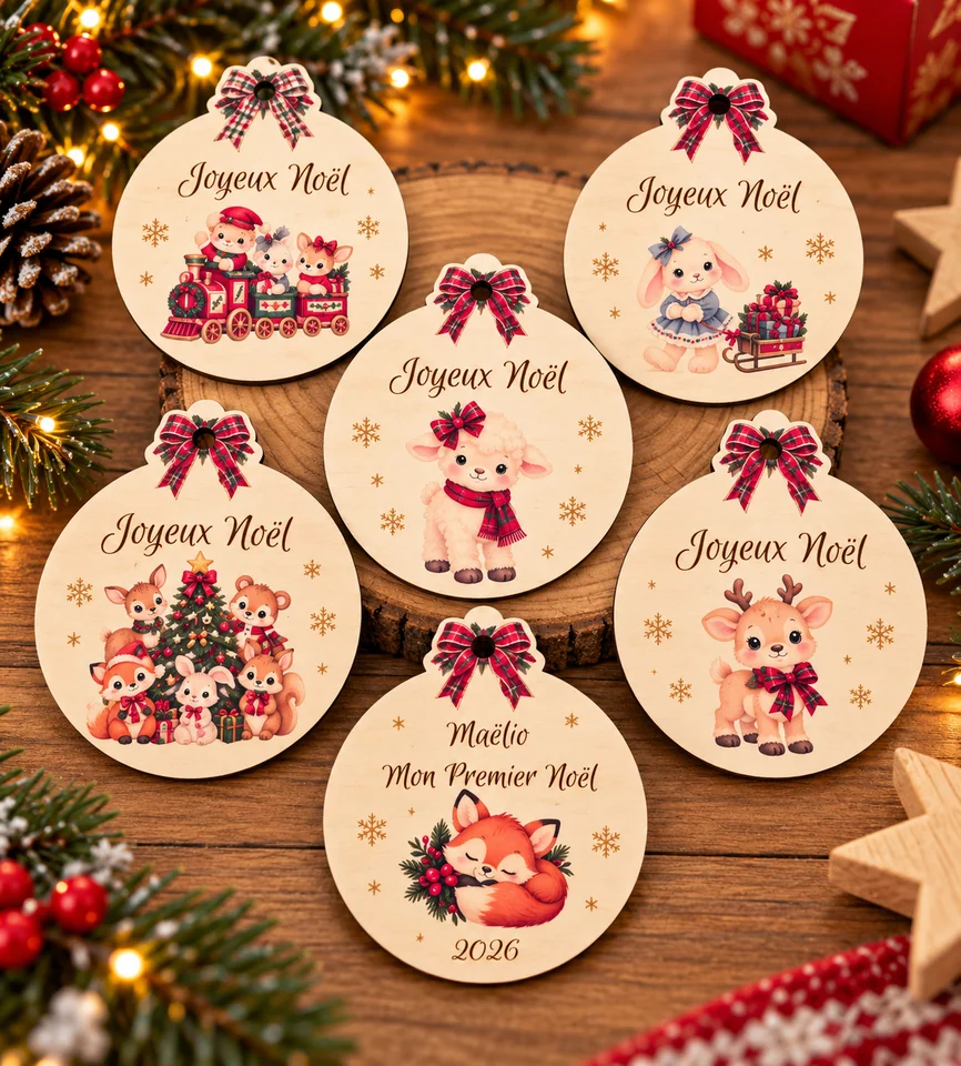 Ornements en bois illustrés d’animaux et de scènes de Noël