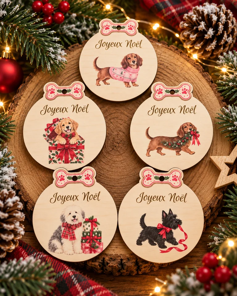 Cinq ornements de Noël en bois illustrés de différentes races de chiens
