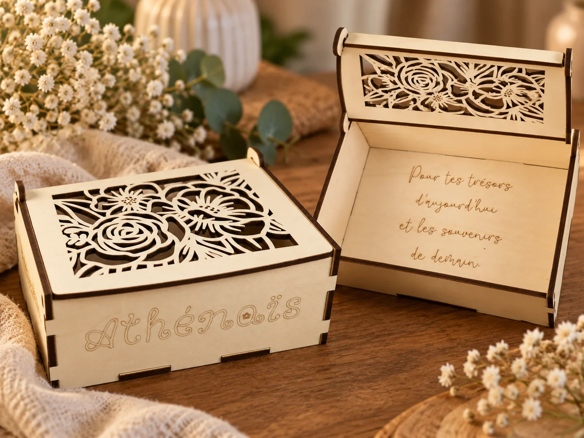 Coffrets en bois ajouré de motifs floraux, dont un gravé au prénom Athénaïs