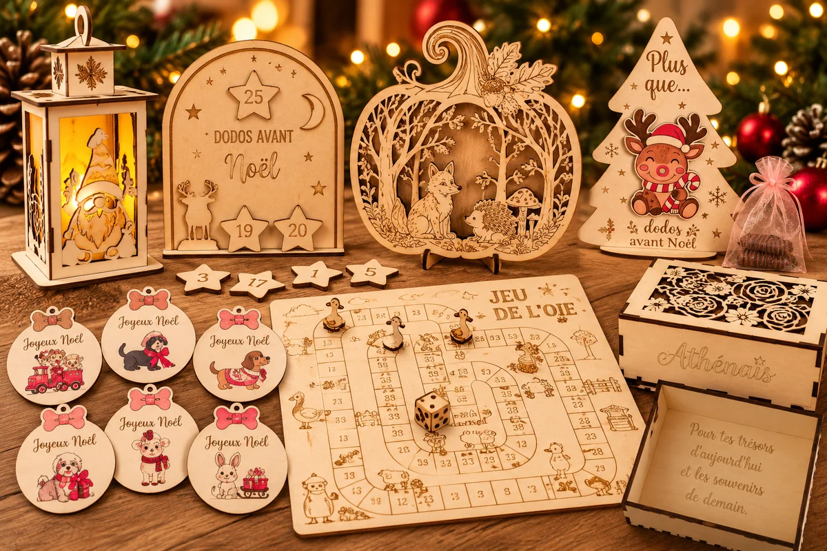 Composition de créations en bois : lanterne, jeu de l’oie, coffret et décorations