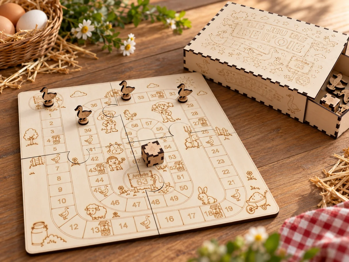 Plateau de jeu de l’oie gravé en bois, pions en forme d’oies et coffret assorti