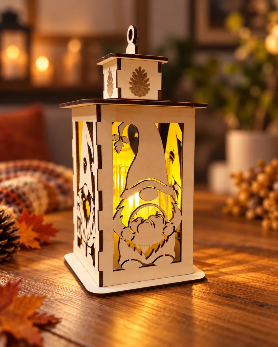 Lanterne en bois découpé, illuminée et décorée d’un gnome
