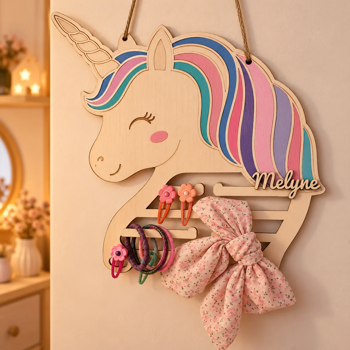 Organisateur mural en bois en forme de licorne au prénom Melyne