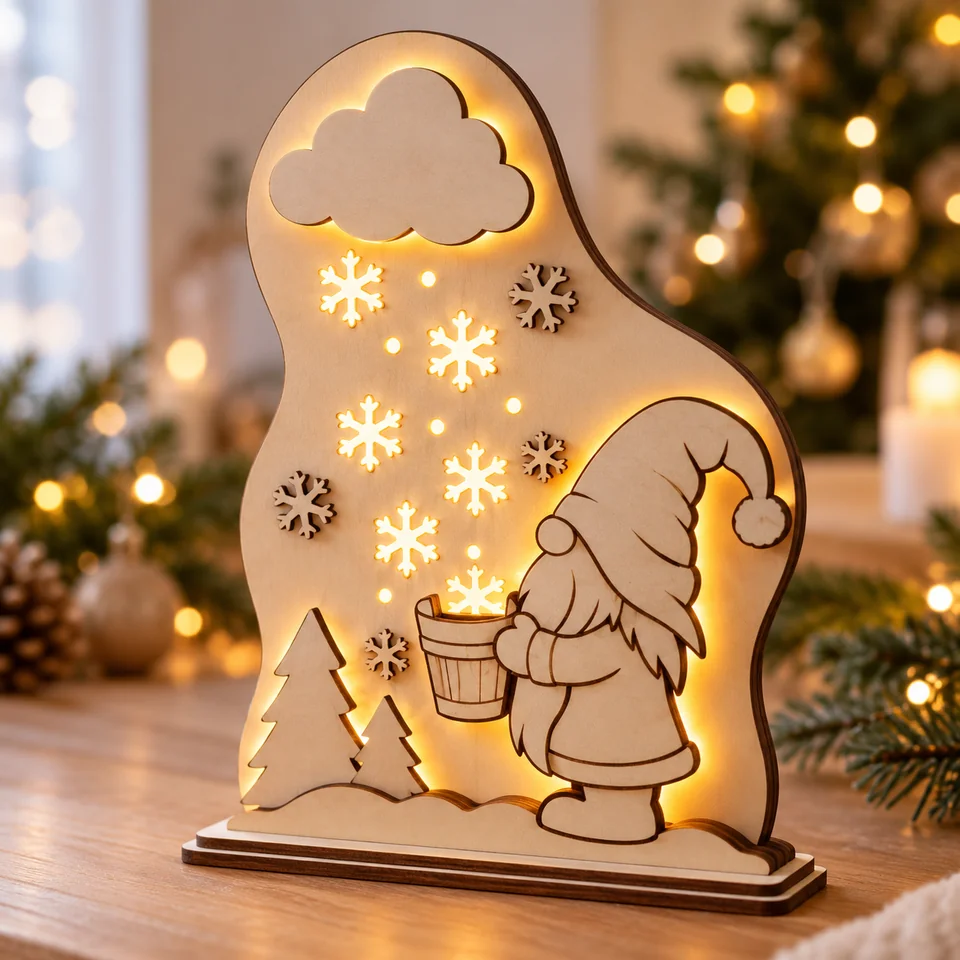 Décoration lumineuse en bois avec lutin, nuage et flocons