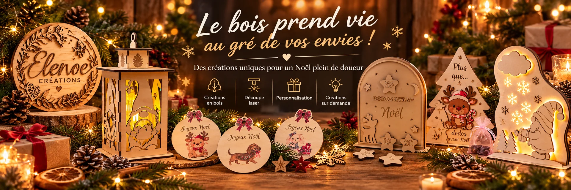 Composition de Noël avec lanternes, ornements et décorations en bois Elenoe Créations