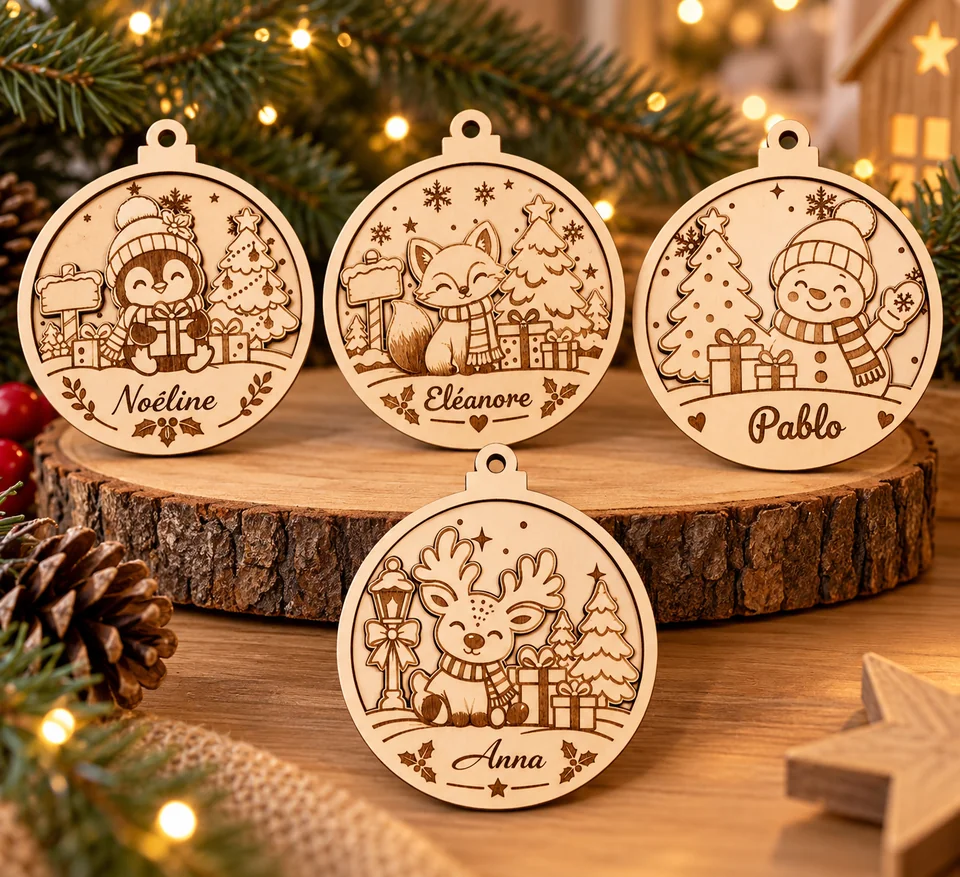 Ornements de Noël en bois gravés avec des prénoms