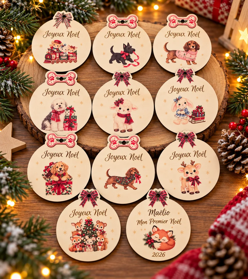 Ensemble d’ornements en bois avec animaux, messages et prénom