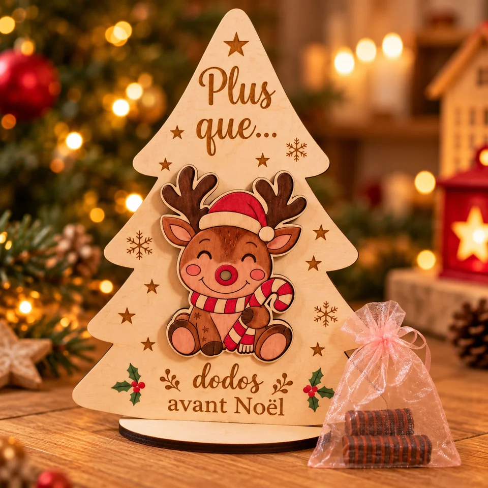 Décoration en bois en forme de sapin avec renne et inscription dodos avant Noël