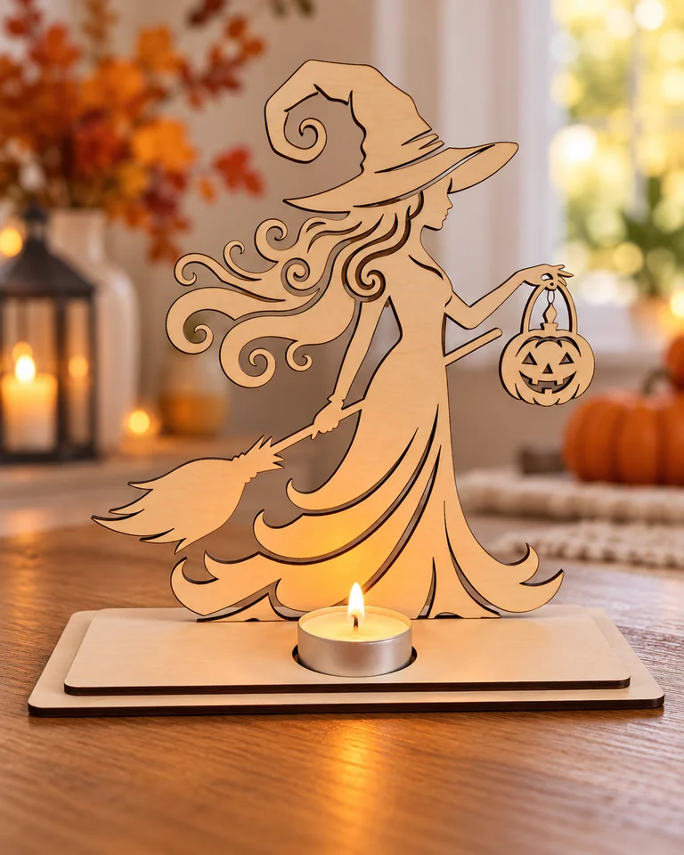 Silhouette de sorcière en bois sur son balai avec un support pour bougie